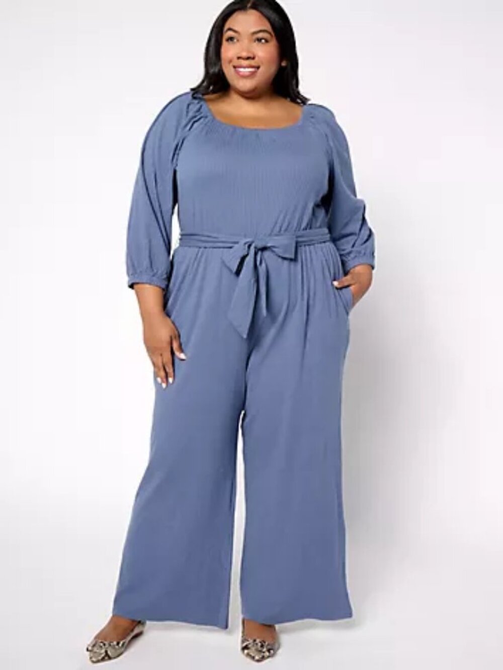 AnyBody Petite DayDreamer Knit 3/4 Slv Tie Waist Jumpsuit, indigo Sz PXL a665332